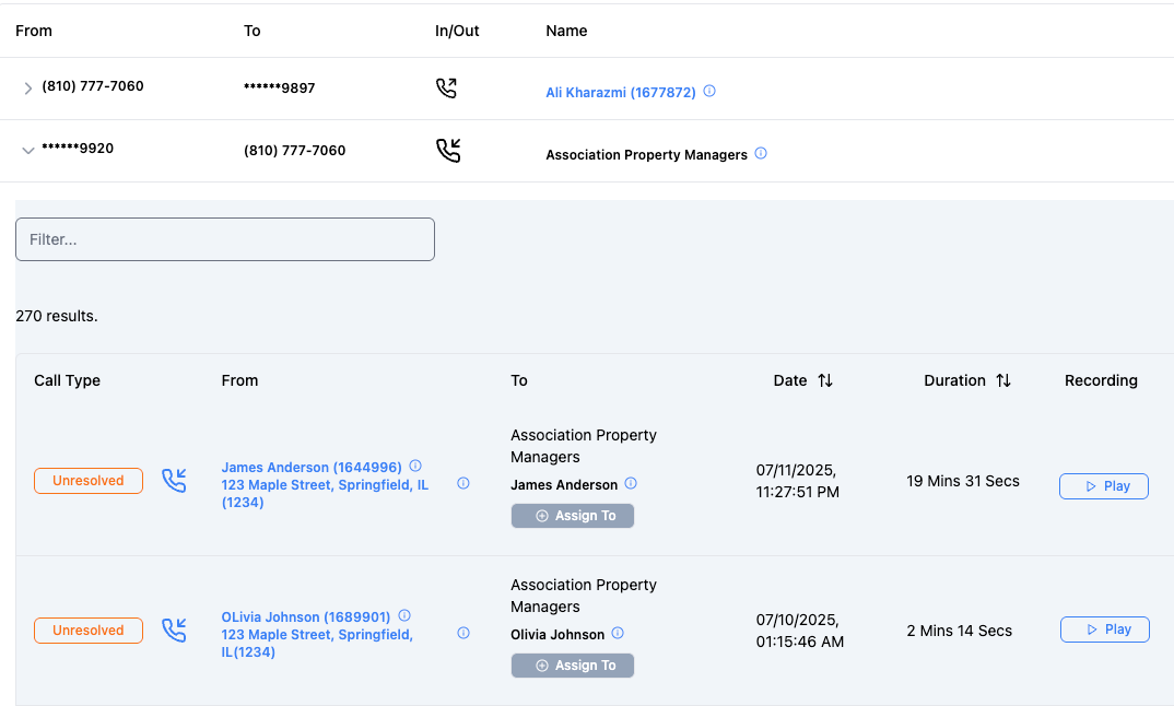 Call tracking screenshot